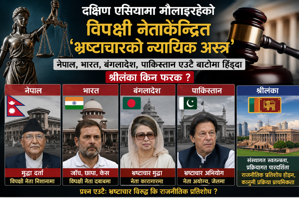 दक्षिण एसियामा मौलाइरहेको विपक्षी नेता केन्द्रित ‘भ्रष्टाचारको न्यायिक अस्त्र’: नेपाल, भारत, बंगलादेश, पाकिस्तान एउटै बाटोमा हिँड्दा श्रीलंका किन फरक ?